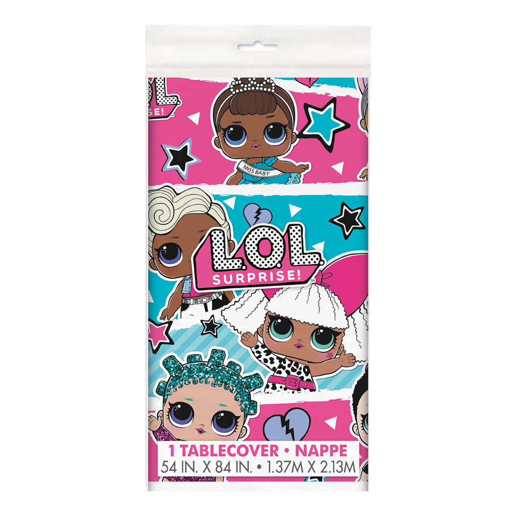 Pink and blue LOL Surprise tablecover with cartoon dolls for birthday from Parte Haus party supply store in Bethesda MD