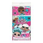 Pink and blue LOL Surprise tablecover with cartoon dolls for birthday from Parte Haus party supply store in Bethesda MD