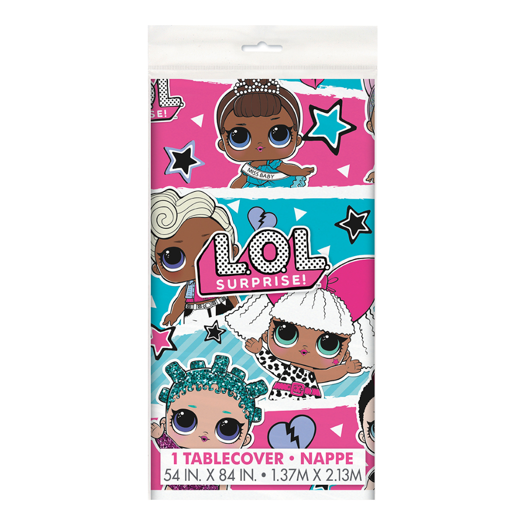 Pink and blue LOL Surprise tablecover with cartoon dolls for birthday from Parte Haus party supply store in Bethesda MD