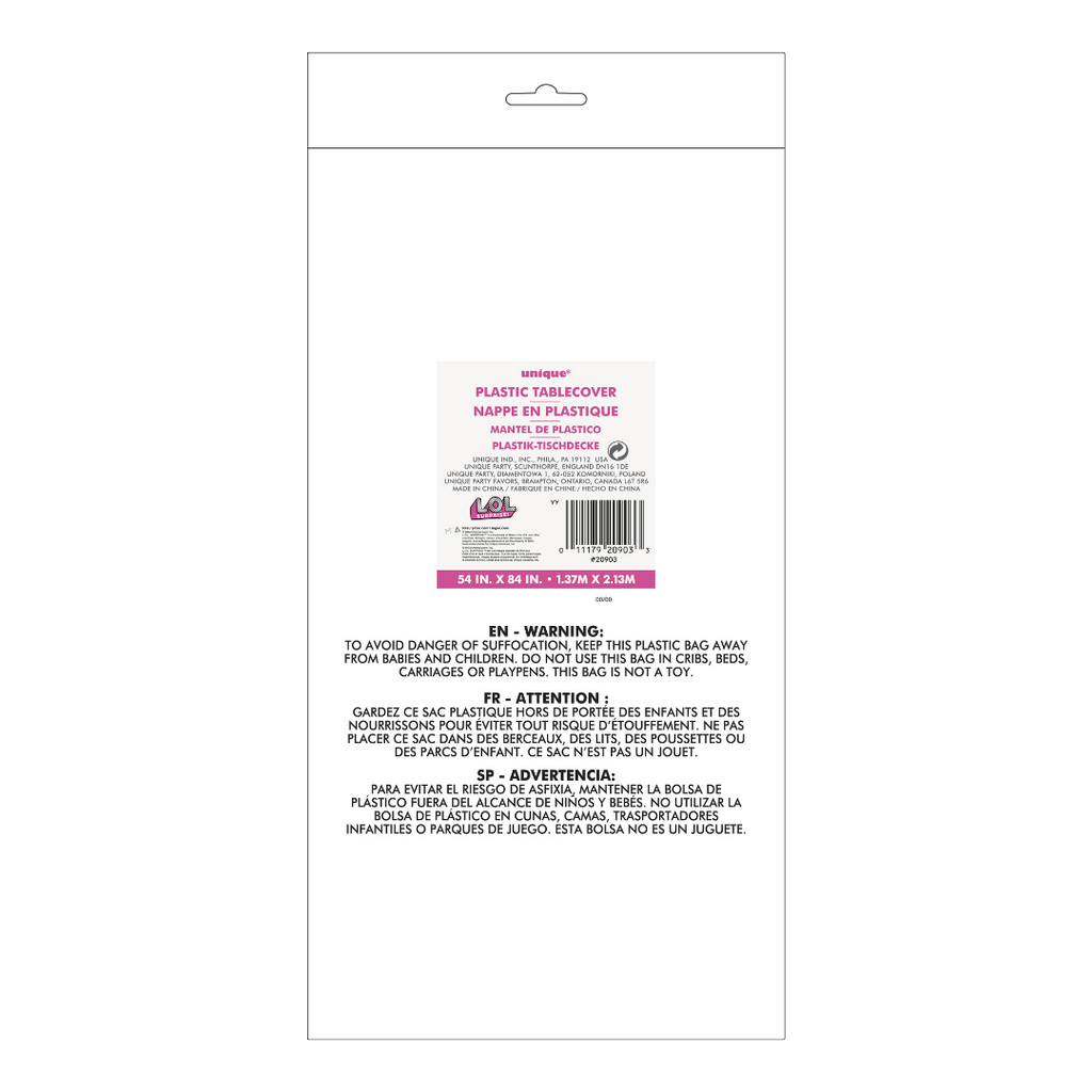 Pink plastic tablecover in retail packaging for birthday parties from Parte Haus party supply store in Bethesda Maryland
