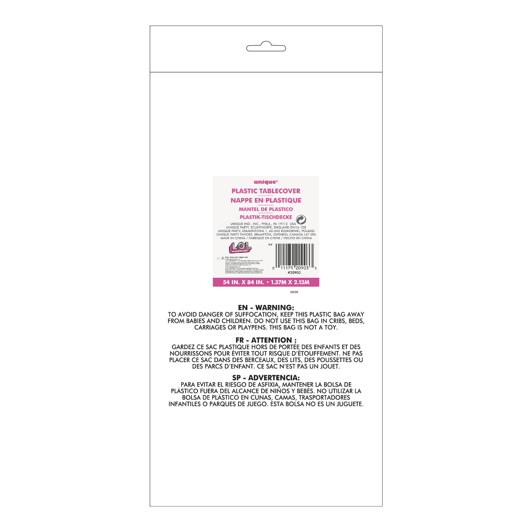 Pink plastic tablecover in retail packaging for birthday parties from Parte Haus party supply store in Bethesda Maryland