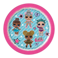Pink LOL Surprise paper plate with cartoon dolls for birthday theme from Parte Haus party supply store in Bethesda Maryland.