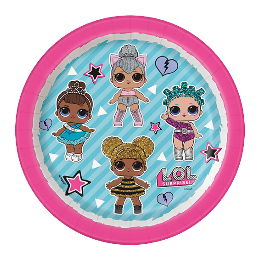 Pink LOL Surprise paper plate with cartoon dolls for birthday theme from Parte Haus party supply store in Bethesda Maryland.