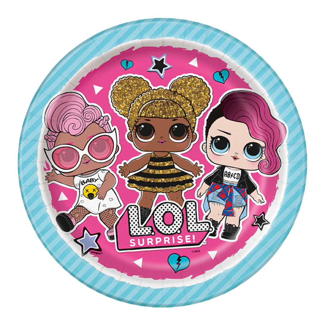 Pink LOL Surprise plate with cartoon dolls for kids birthday from Parte Haus party supply store in Bethesda MD