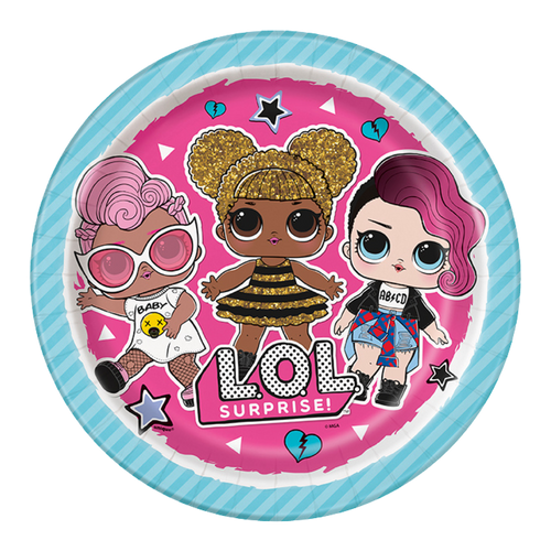 Pink LOL Surprise plate with cartoon dolls for kids birthday from Parte Haus party supply store in Bethesda MD
