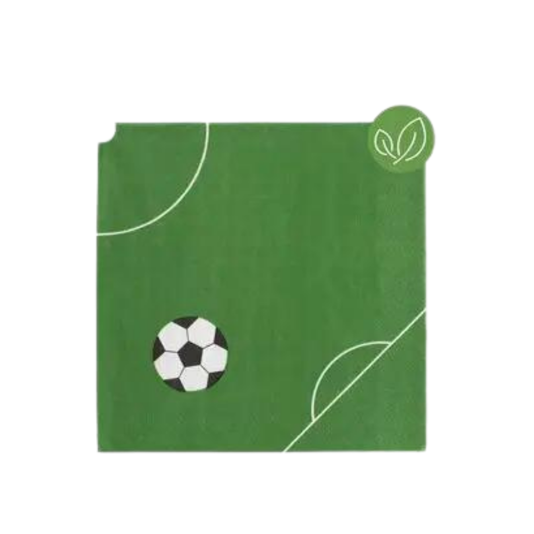 Green soccer napkin with soccer field lines and ball sports birthday from Parte Haus party supply store in Bethesda MD