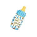 Blue and yellow baby bottle foil balloon with baby boy text for baby shower from Parte Haus party supply store in Bethesda MD