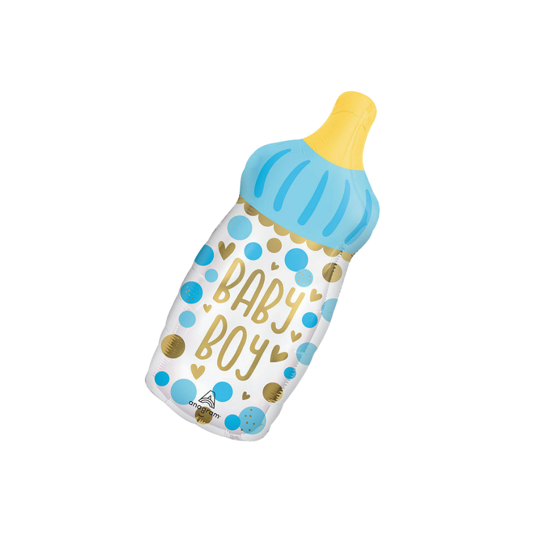 Blue and yellow baby bottle foil balloon with baby boy text for baby shower from Parte Haus party supply store in Bethesda MD