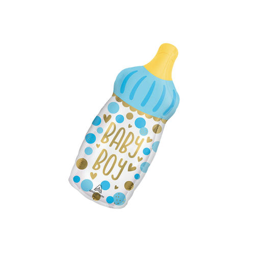 Blue and yellow baby bottle foil balloon with baby boy text for baby shower from Parte Haus party supply store in Bethesda MD