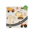 Yellow construction theme napkin with trucks and cranes for kids birthday from Parte Haus party supply store in Bethesda MD