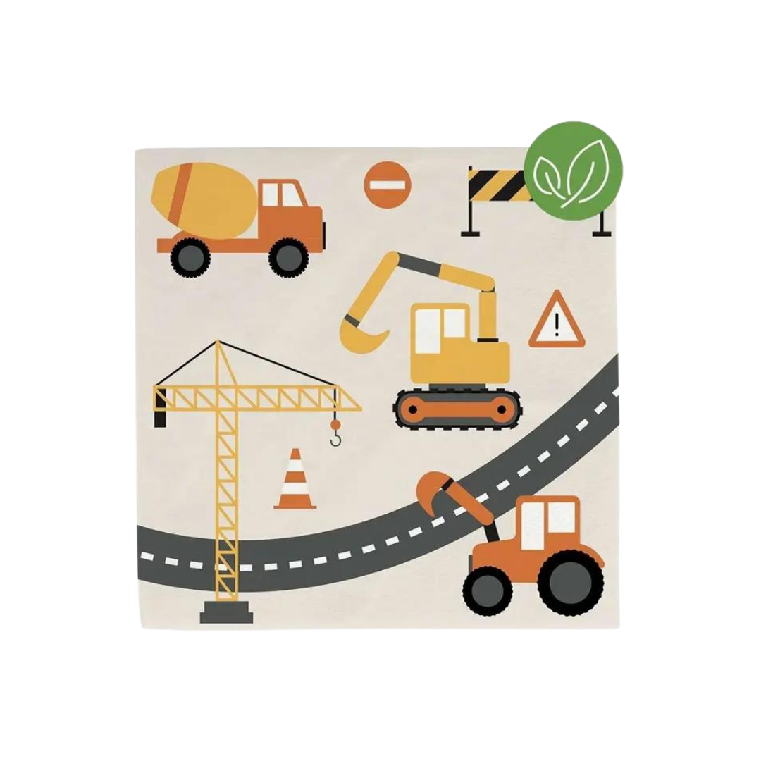 Yellow construction theme napkin with trucks and cranes for kids birthday from Parte Haus party supply store in Bethesda MD