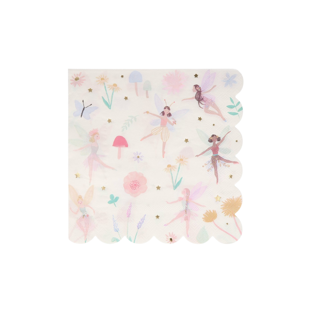 Pastel fairy napkin with scalloped edge floral and stars design fairy birthday theme from Parte Haus party supply store in Bethesda MD.