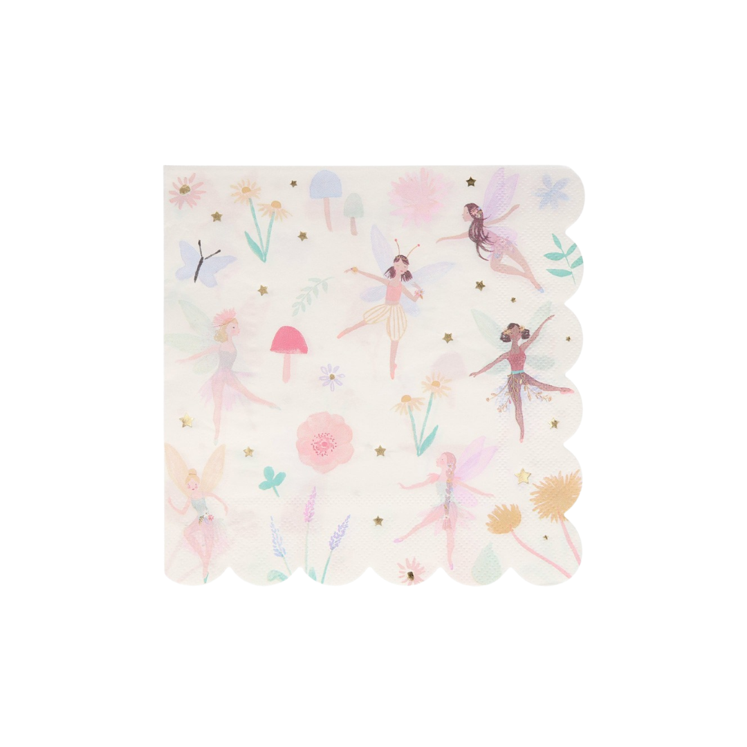 Pastel fairy napkin with scalloped edge floral and stars design fairy birthday theme from Parte Haus party supply store in Bethesda MD.