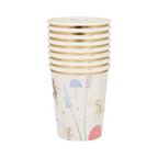 Pastel fairy paper cups featuring gold trim whimsical fairies and flowers birthday theme from Parte Haus party supply store in Bethesda Maryland