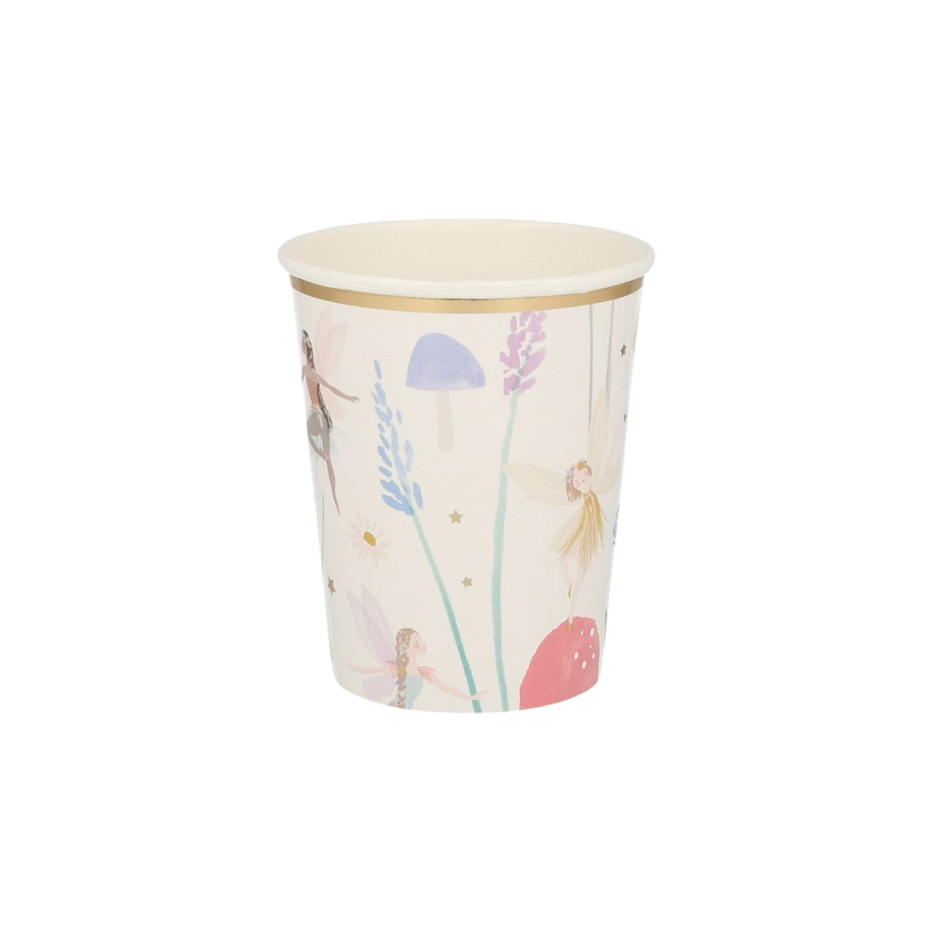 Pastel fairy themed paper cup with whimsical fairy and mushroom design from Parte Haus party supply store in Bethesda MD