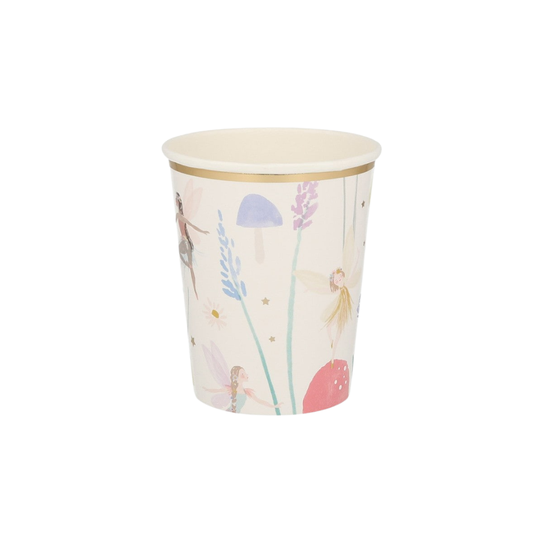 Pastel fairy themed paper cup with whimsical fairy and mushroom design from Parte Haus party supply store in Bethesda MD