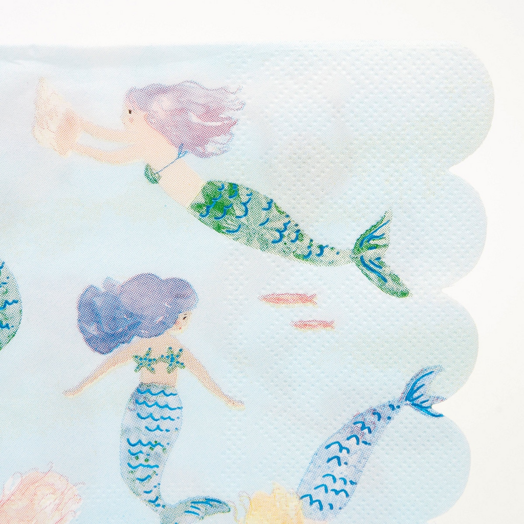 Pastel mermaid napkin featuring scalloped edge ocean birthday theme from Parte Haus party supply store in Bethesda MD.