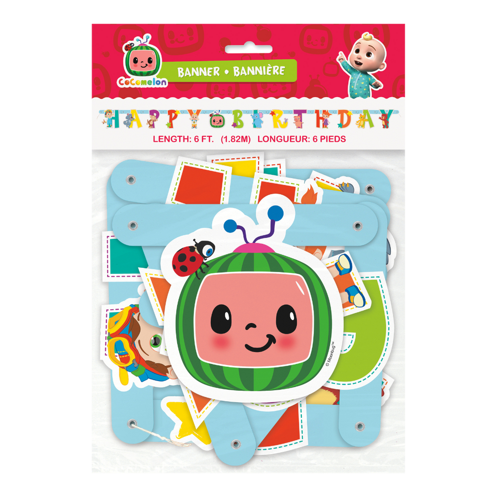 Colorful CoComelon banner with cartoon watermelon head for birthday from Parte Haus party supply store in Bethesda MD