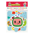 Colorful CoComelon banner with cartoon watermelon head for birthday from Parte Haus party supply store in Bethesda MD