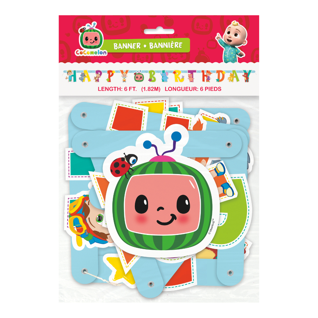 Colorful CoComelon banner with cartoon watermelon head for birthday from Parte Haus party supply store in Bethesda MD