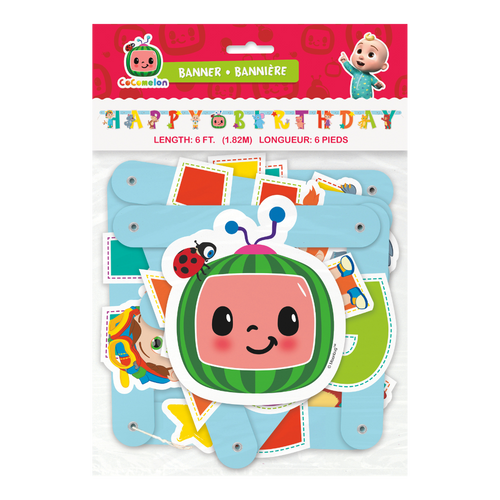 Colorful CoComelon banner with cartoon watermelon head for birthday from Parte Haus party supply store in Bethesda MD