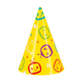 Yellow kids birthday hat with cartoon faces stars from Parte Haus party supply store in Bethesda Maryland