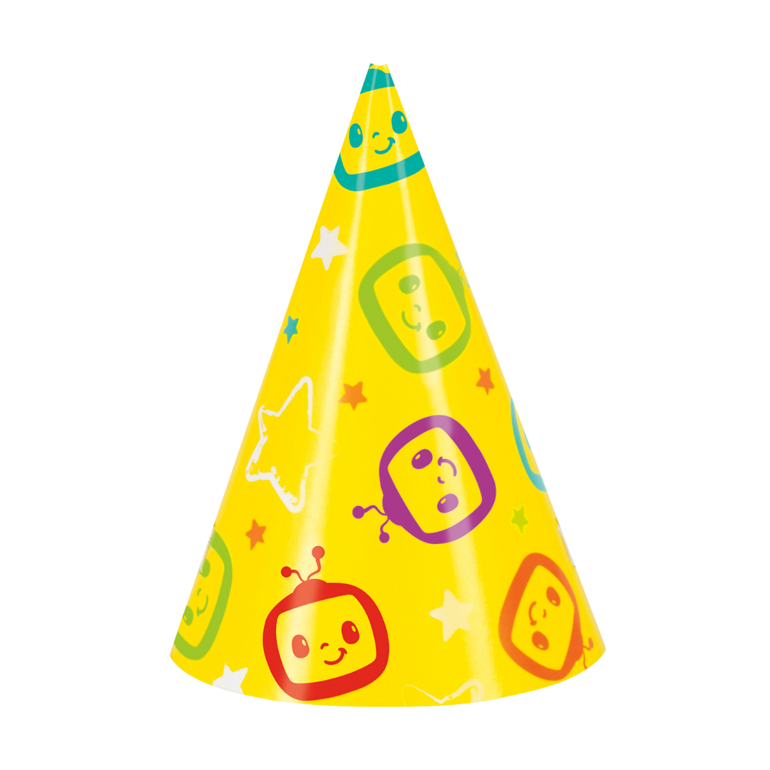 Yellow kids birthday hat with cartoon faces stars from Parte Haus party supply store in Bethesda Maryland