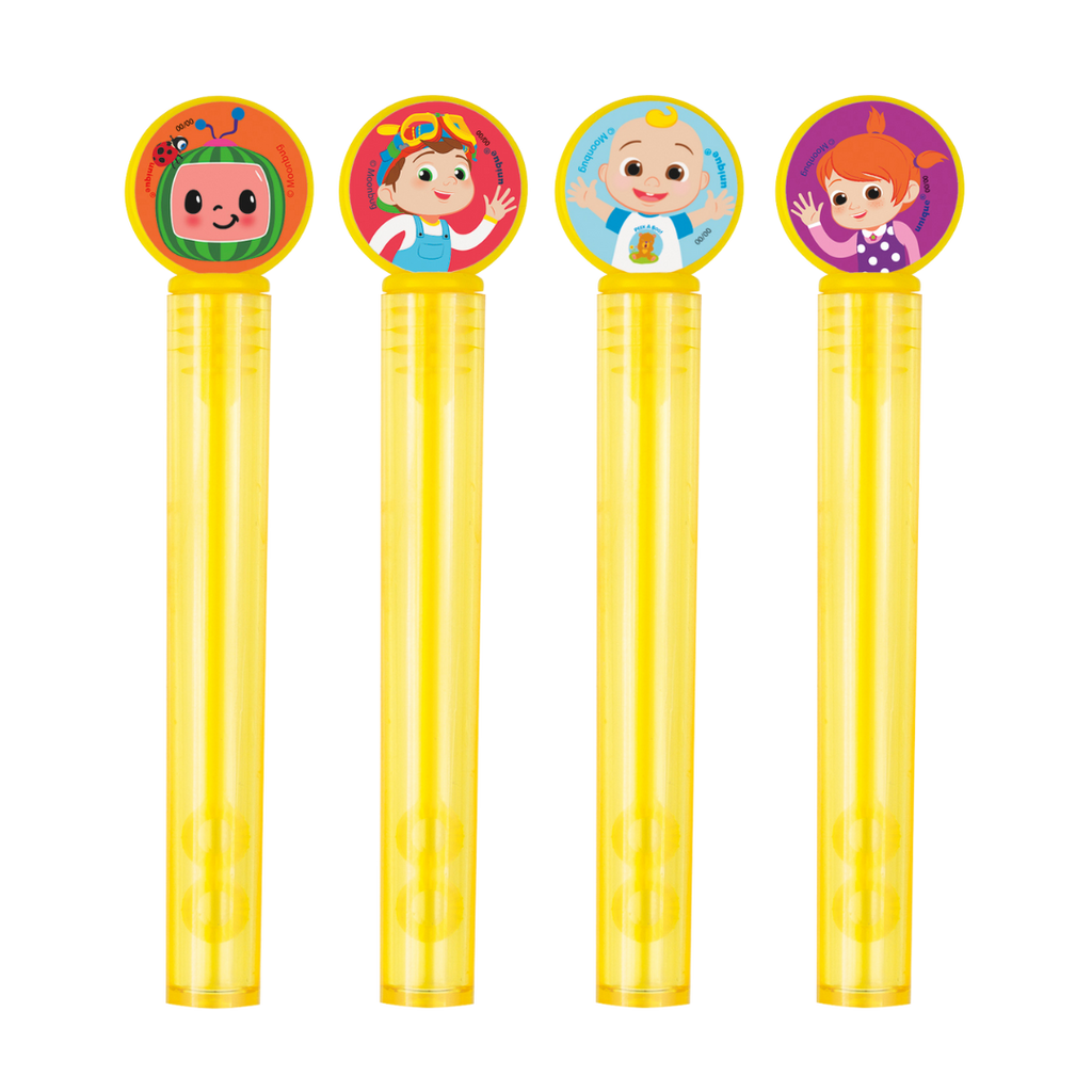 Yellow bubble wand set with cartoon character tops kids birthday theme from Parte Haus party supply store in Bethesda MD