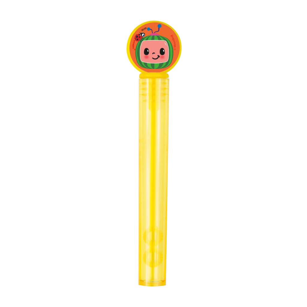 Yellow bubble wand with cartoon face Cocomelon birthday from Parte Haus party supply store in Bethesda MD