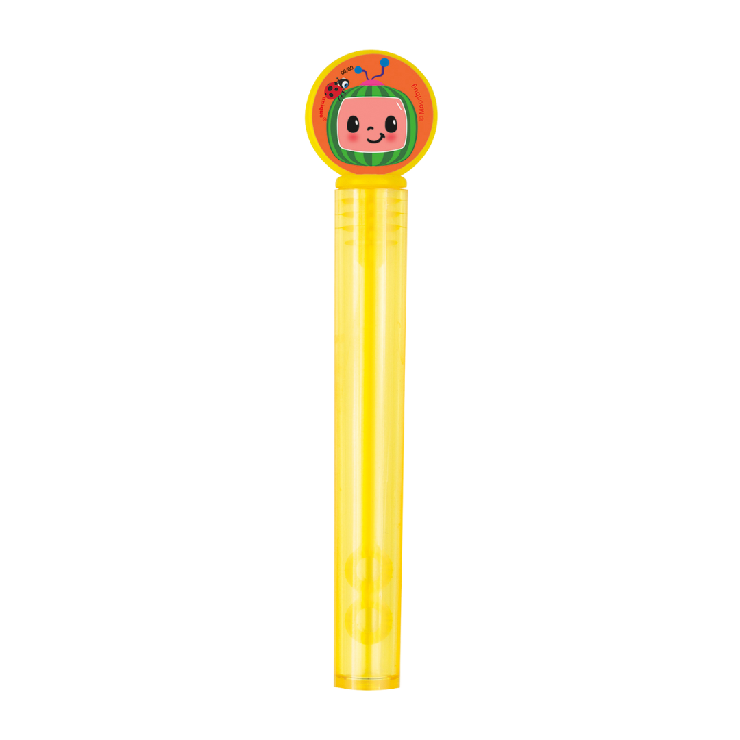 Yellow bubble wand with cartoon face Cocomelon birthday from Parte Haus party supply store in Bethesda MD
