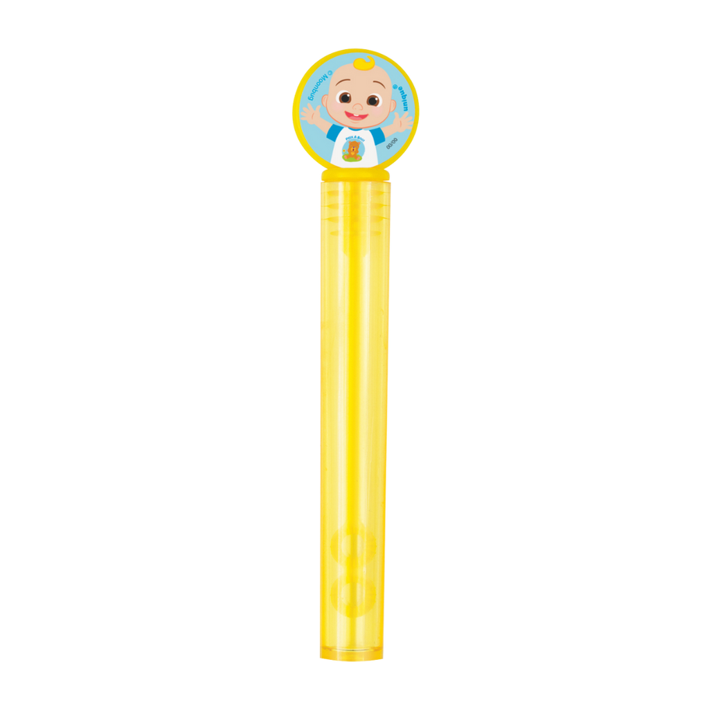 Yellow bubble wand with cartoon baby topper for kids birthday from Parte Haus party supply store in Bethesda MD