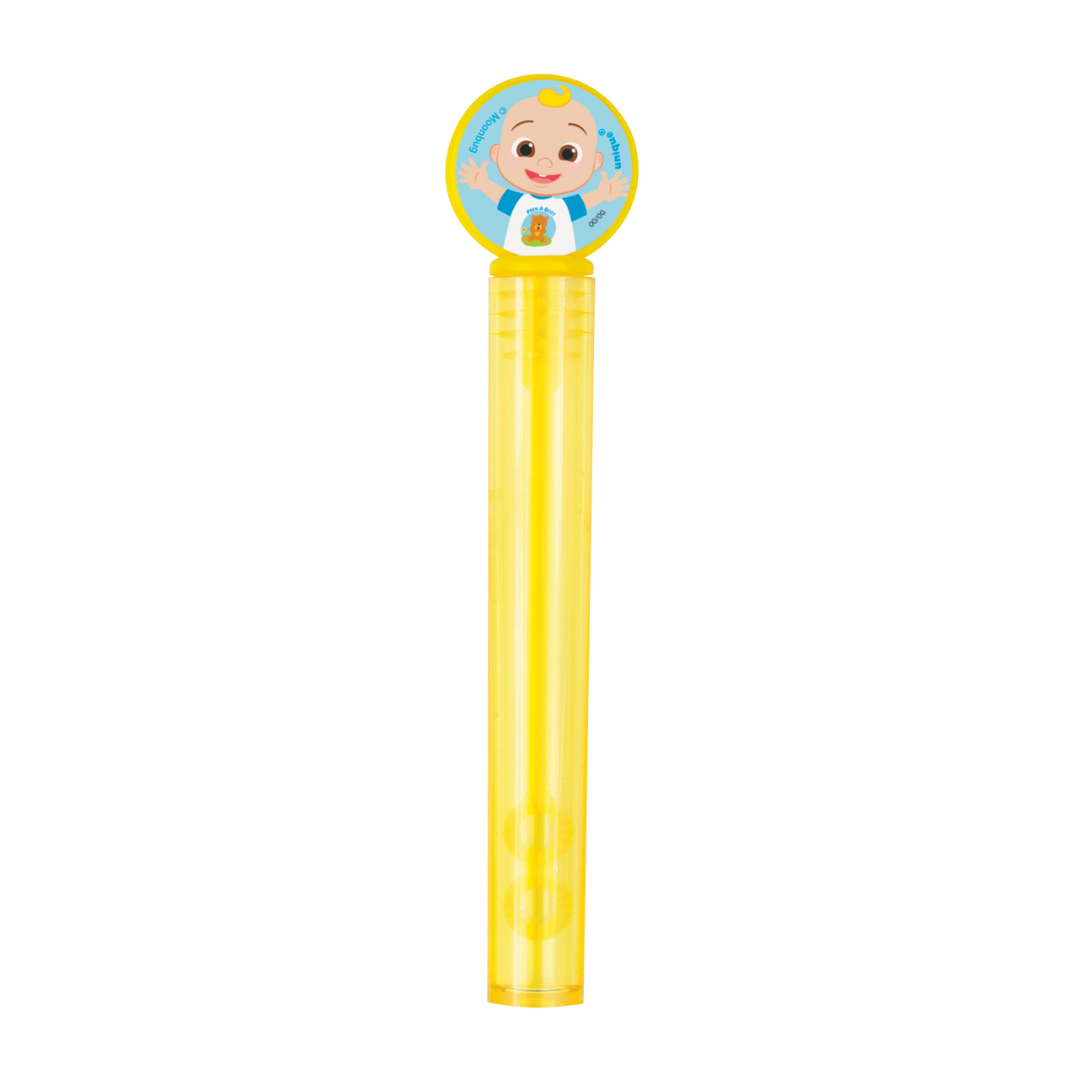Yellow bubble wand with cartoon baby topper for kids birthday from Parte Haus party supply store in Bethesda MD