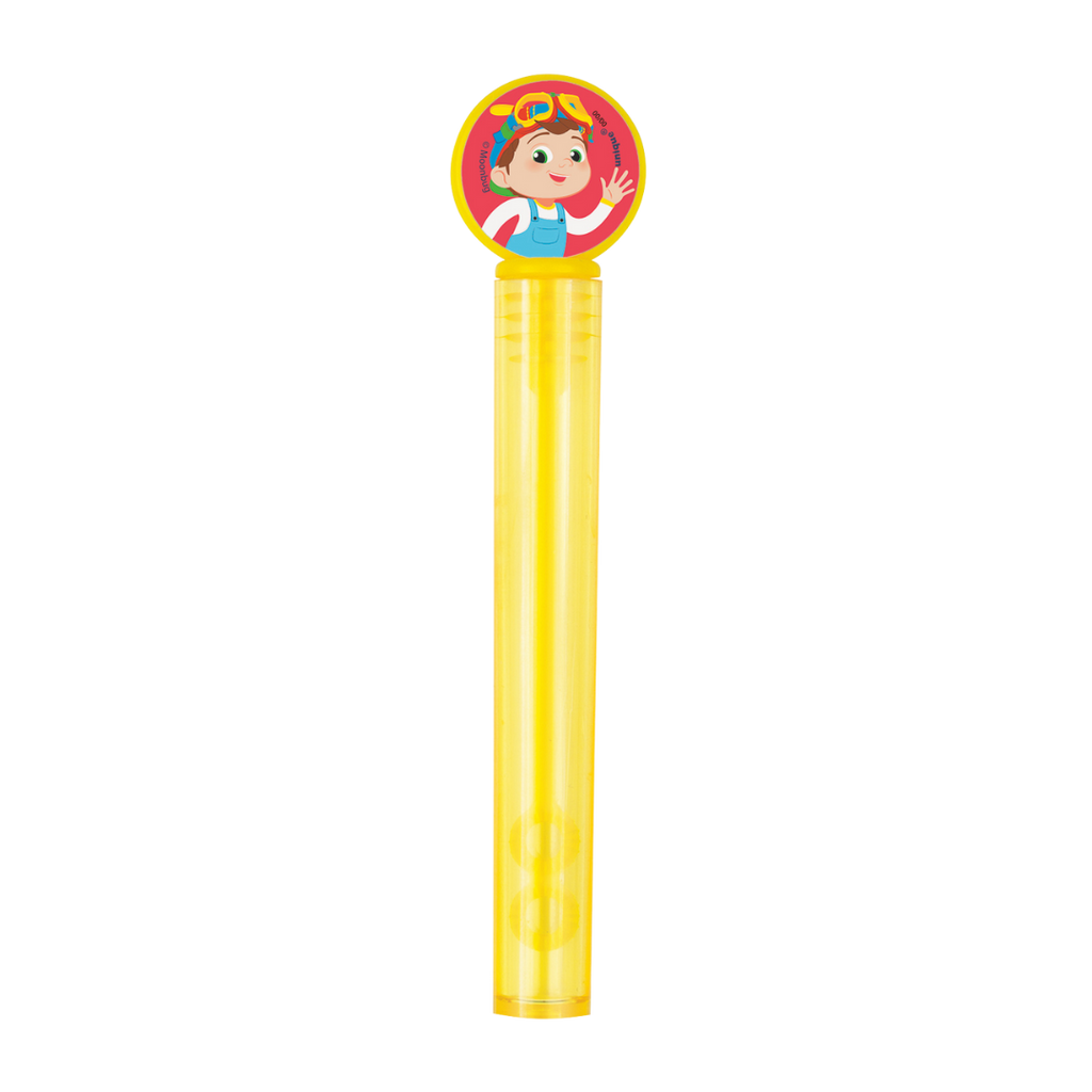 Yellow bubble wand with cartoon character topper for kids birthday from Parte Haus party supply store in Bethesda MD