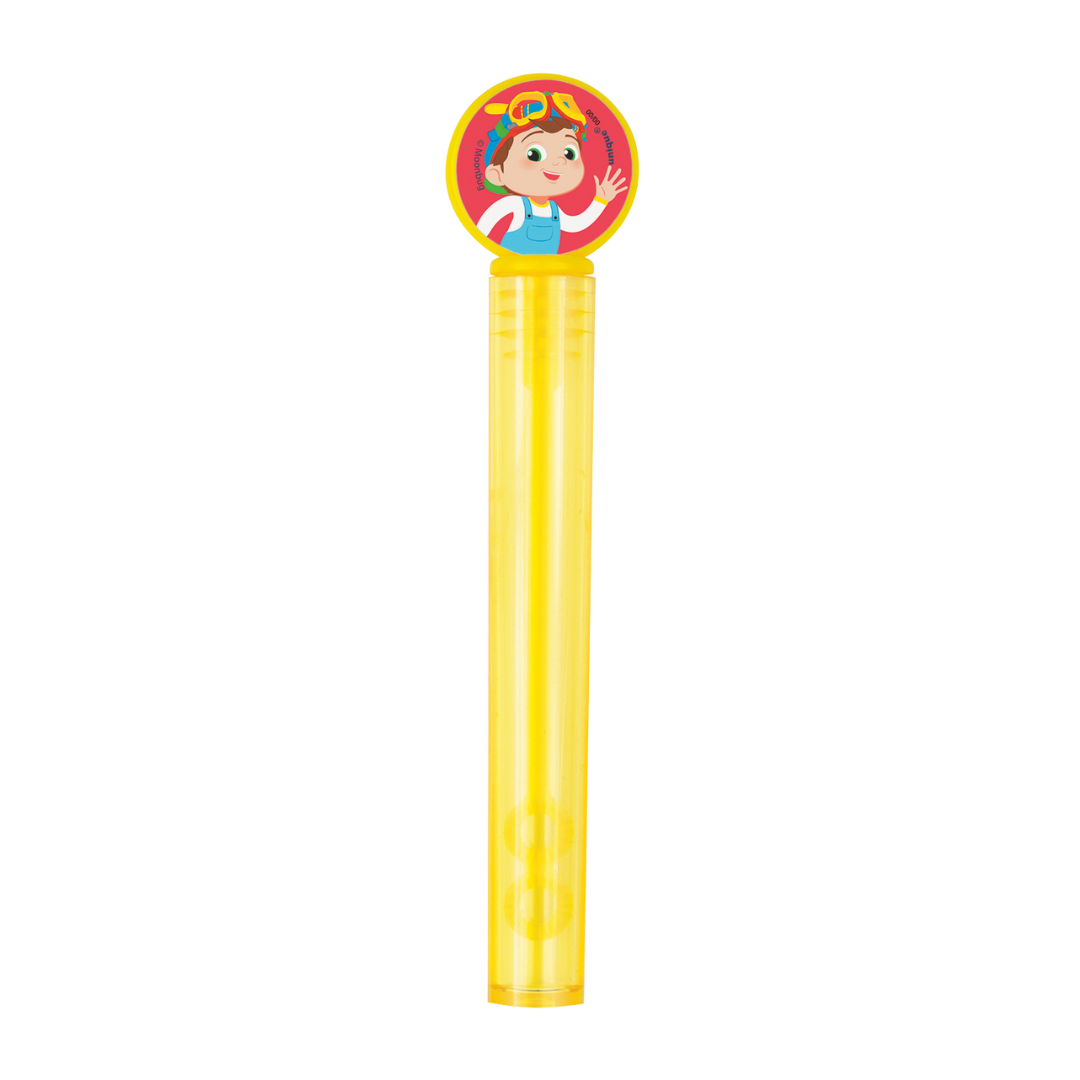 Yellow bubble wand with cartoon character topper for kids birthday from Parte Haus party supply store in Bethesda MD