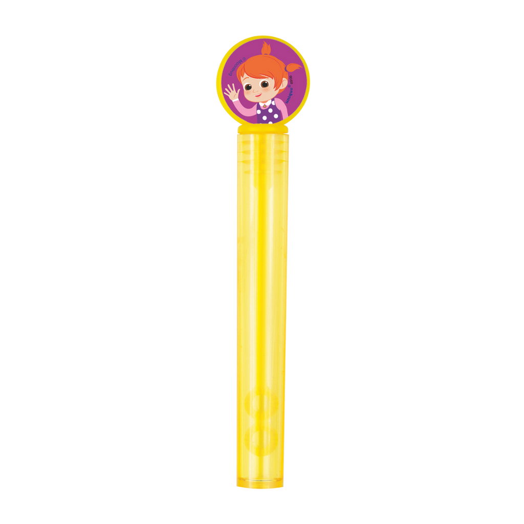 Yellow bubble wand with cartoon girl birthday theme from Parte Haus party supply store in Bethesda MD