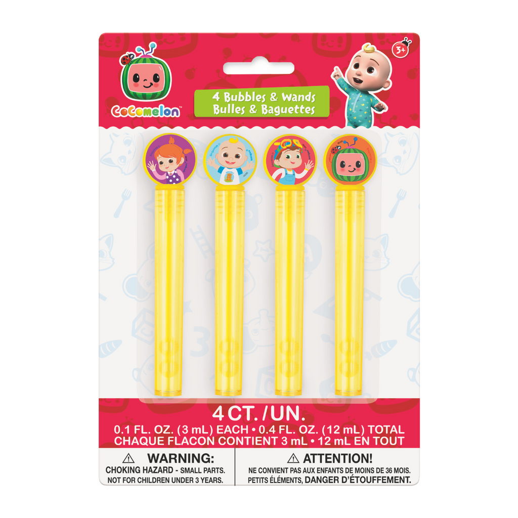Yellow Cocomelon bubble wand set with character toppers kids birthday from Parte Haus party supply store in Bethesda MD