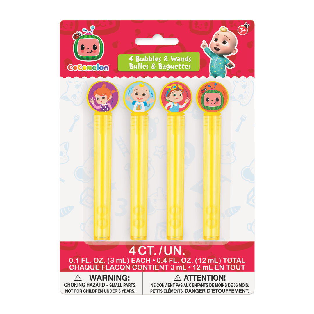 Yellow Cocomelon bubble wand set with character toppers kids birthday from Parte Haus party supply store in Bethesda MD