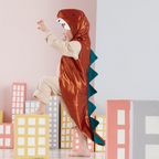 Rust dinosaur costume with hood and teal spikes for kids birthday from Parte Haus party supply store in Bethesda MD
