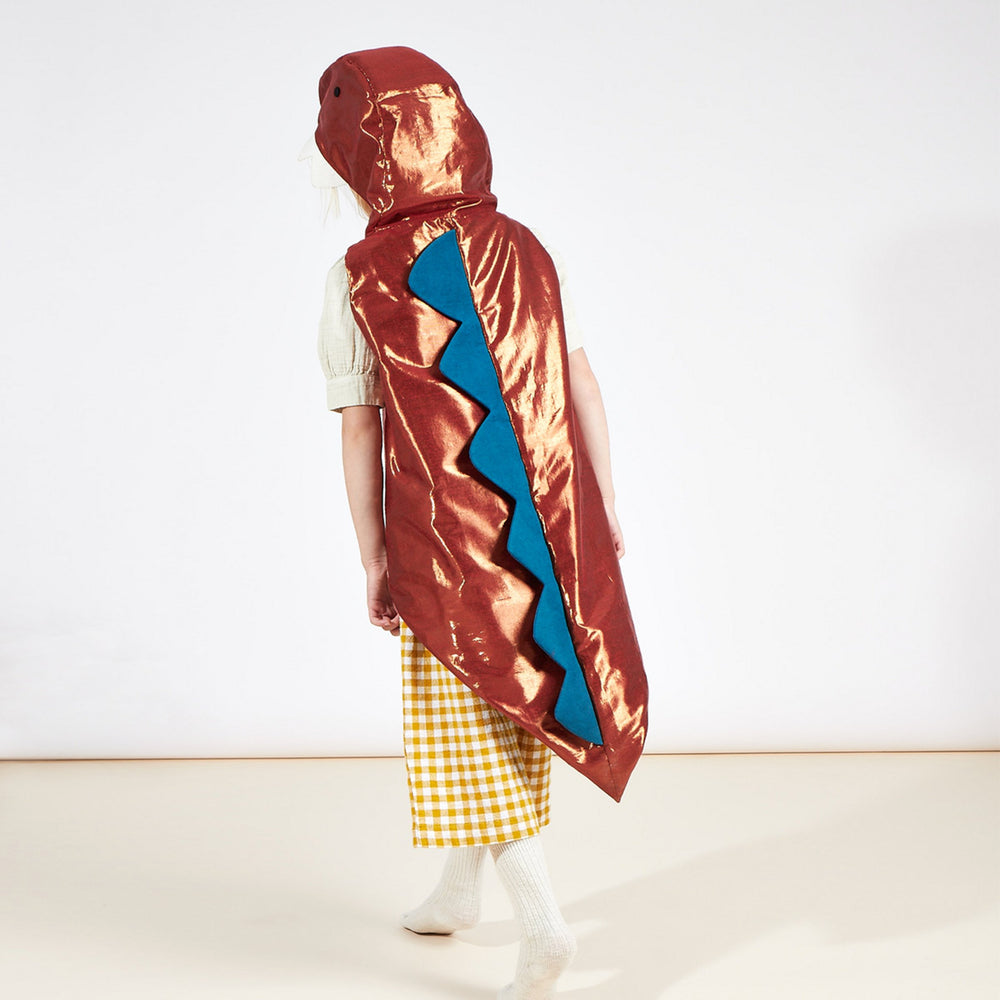 Brown dinosaur cape costume with blue spikes for birthday from Parte Haus party supply store in Bethesda Maryland