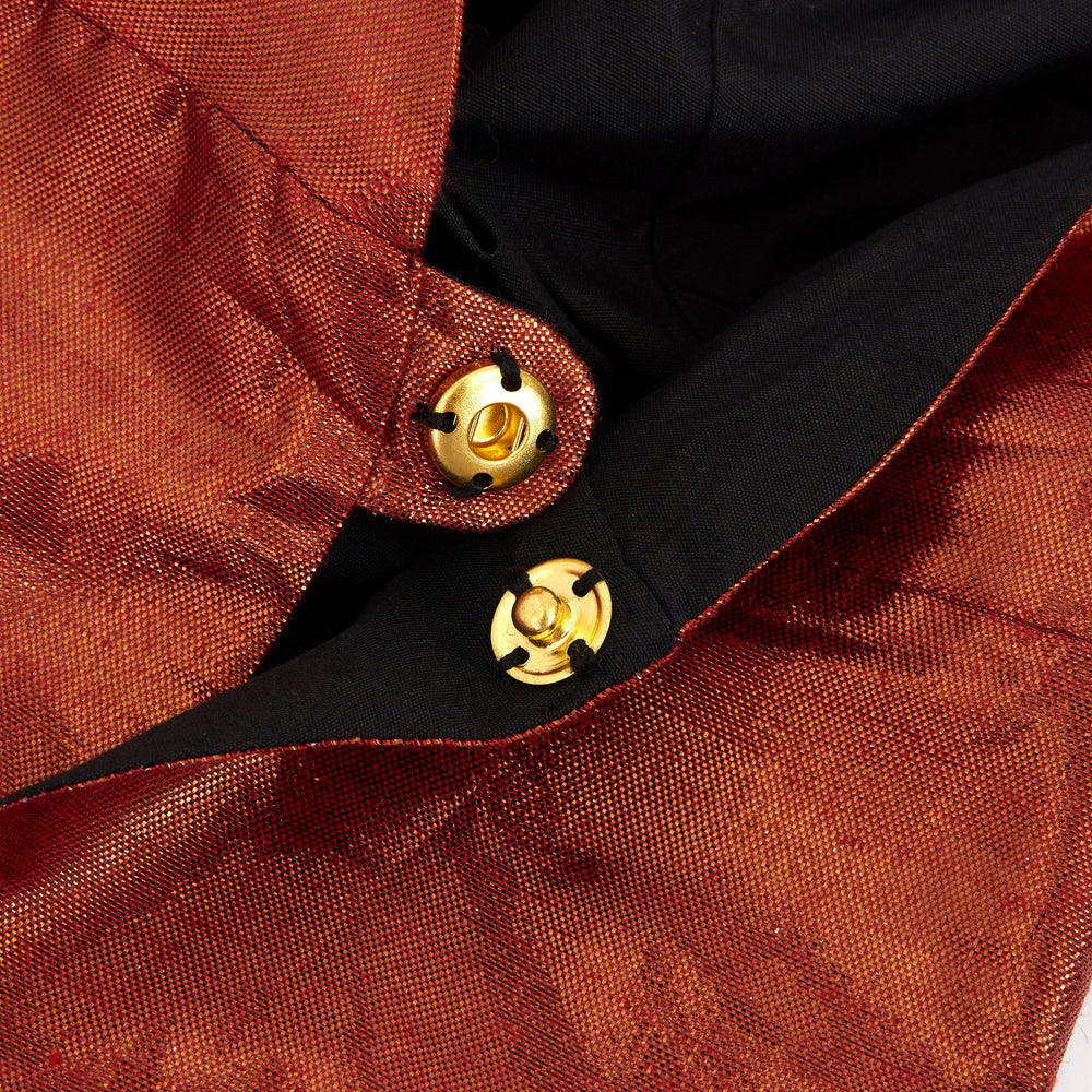 Red metallic fabric bag with gold snap closure for celebration from Parte Haus party supply store in Bethesda MD