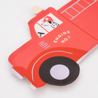 Red fire truck shaped paper plate with dog illustration for kids birthday from Parte Haus party supply store in Bethesda MD