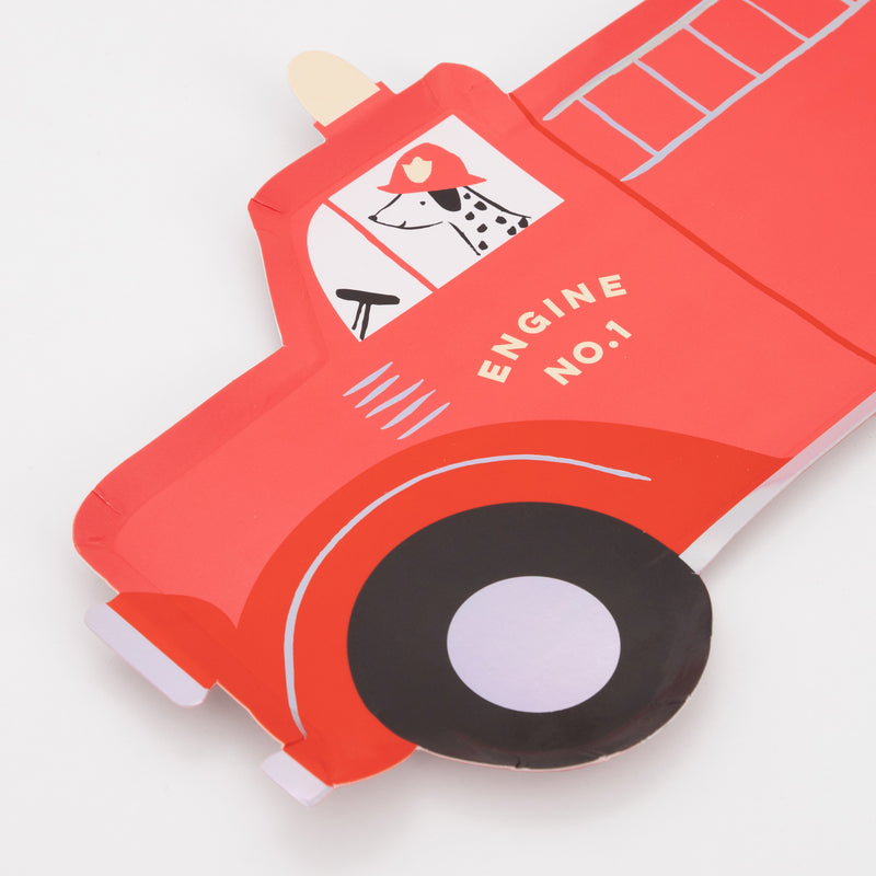 Red fire truck shaped paper plate with dog illustration for kids birthday from Parte Haus party supply store in Bethesda MD