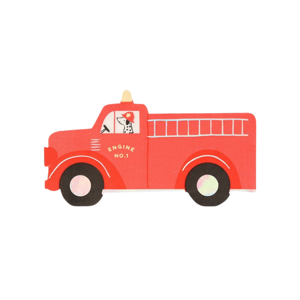 Red fire truck shaped napkin with Dalmatian for kids birthday from Parte Haus party supply store in Bethesda Maryland