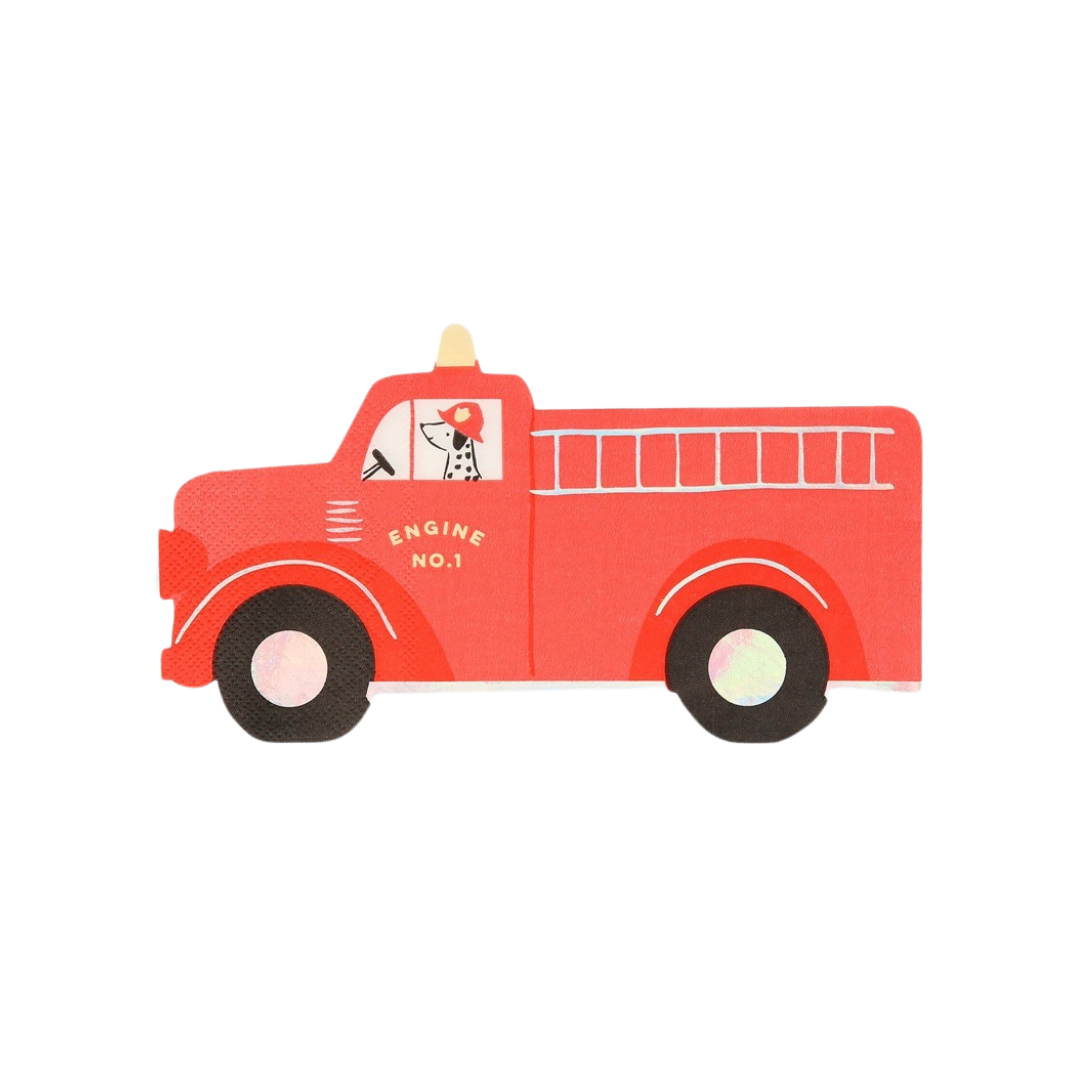 Red fire truck shaped napkin with Dalmatian for kids birthday from Parte Haus party supply store in Bethesda Maryland