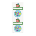 Colorful sticker sheet with cartoon robot name tags and Happy Birthday circles birthday theme from Parte Haus party supply store in Bethesda MD