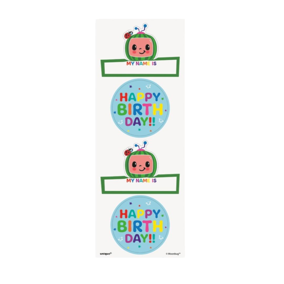 Colorful sticker sheet with cartoon robot name tags and Happy Birthday circles birthday theme from Parte Haus party supply store in Bethesda MD