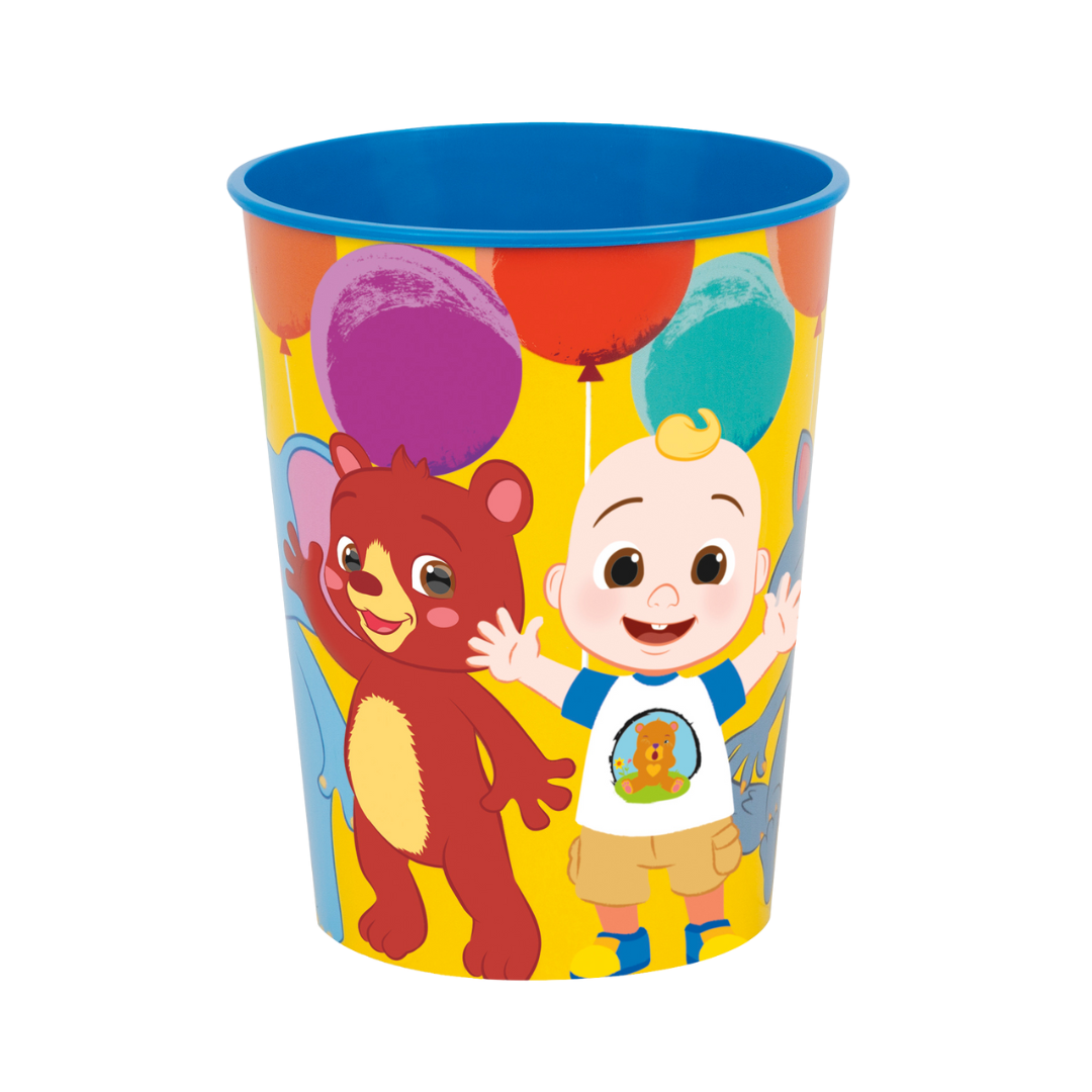 Yellow kids plastic cup with cartoon bear and baby balloons birthday theme from Parte Haus party supply store in Bethesda MD