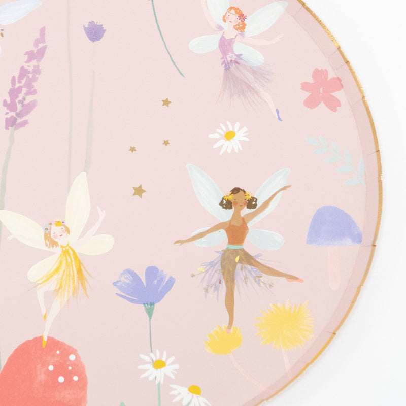 Pink fairy paper plate with whimsical fairy illustrations for birthday from Parte Haus party supply store in Bethesda Maryland
