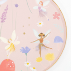 Pink fairy paper plate with whimsical fairy illustrations for birthday from Parte Haus party supply store in Bethesda Maryland