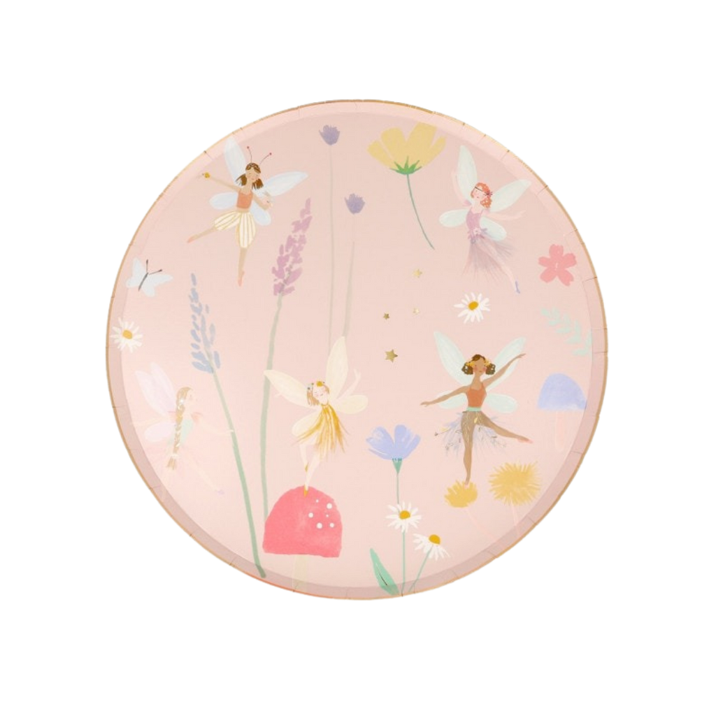 Pink fairy plate with whimsical flower and fairy design for birthday party from Parte Haus party supply store in Bethesda MD